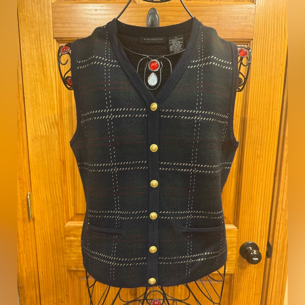 Vintage Liz Claiborne Collection Acrylic/Wool/Rayon Navy Plaid Vest, Medium